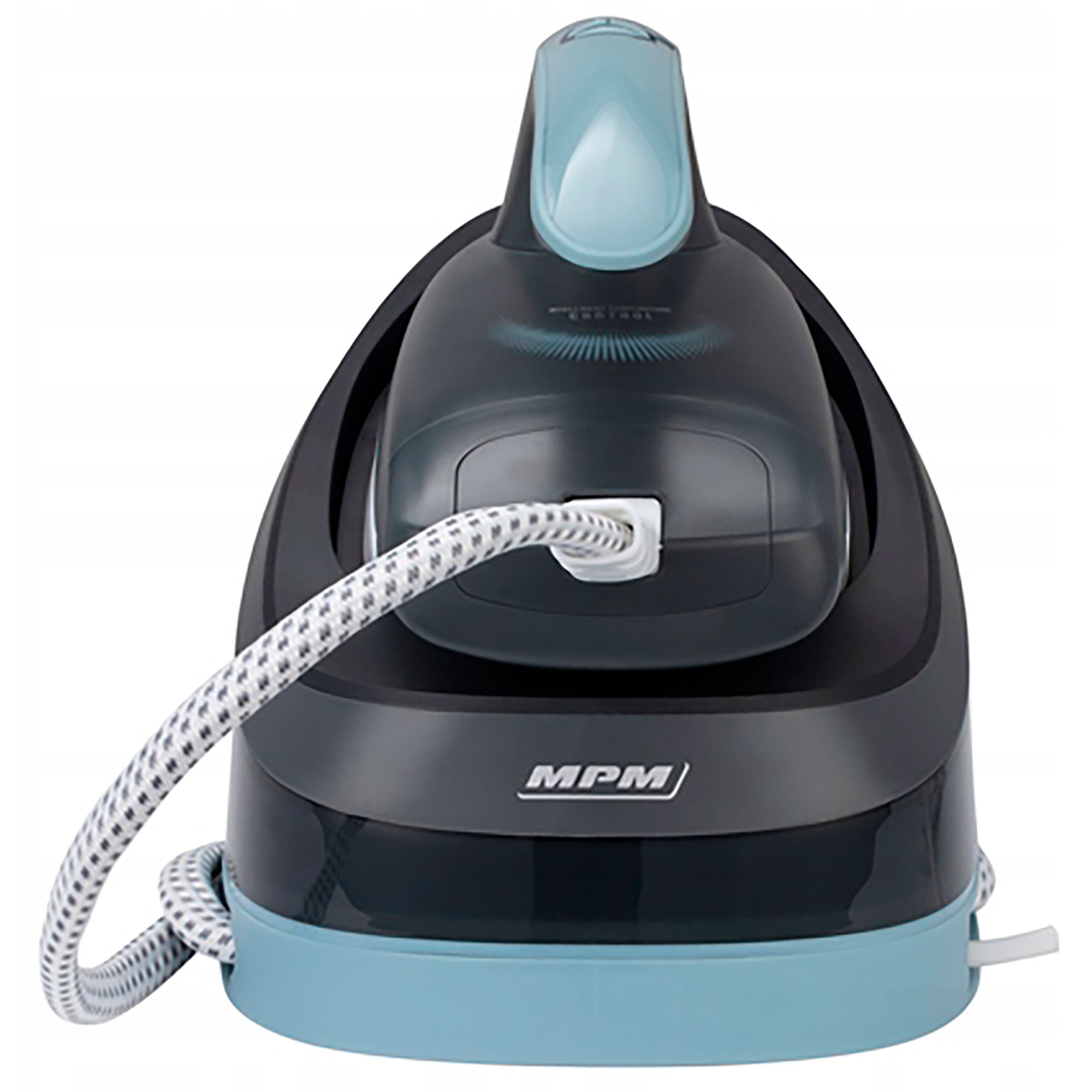 Ein schwarz-blaues Bügeleisen mit weißem Kabel und MPM-Logo auf blauem Sockel.