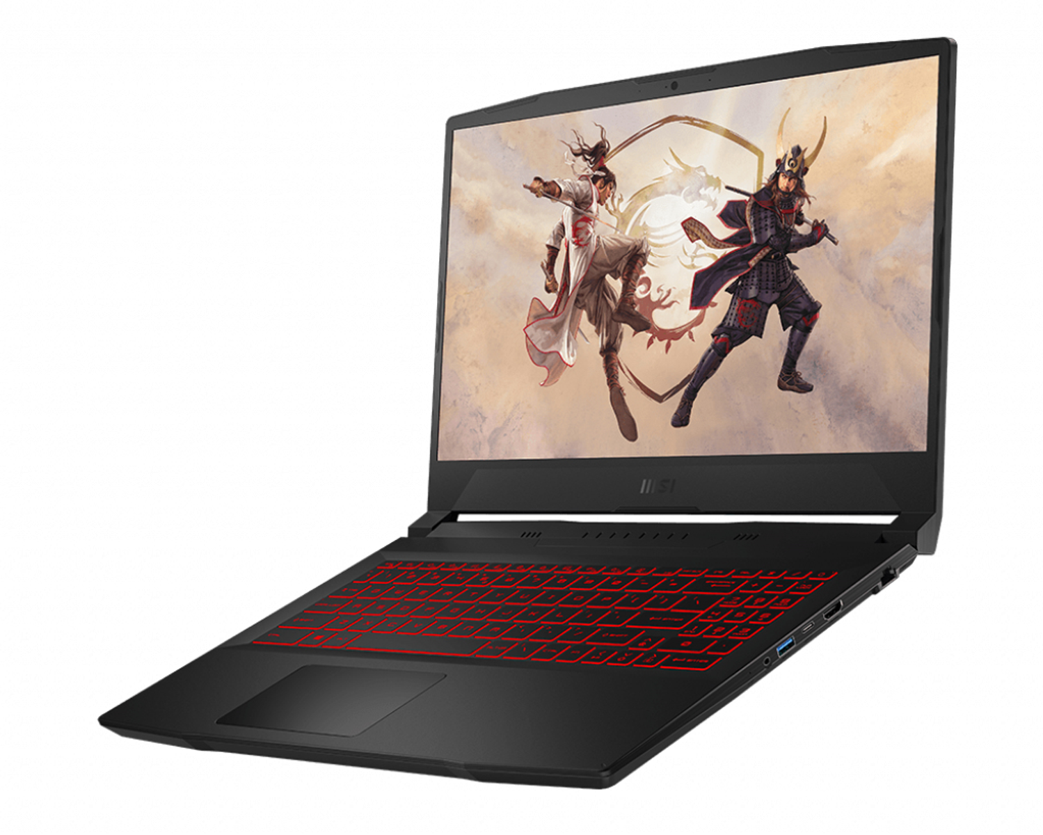 Portátil negro con teclado retroiluminado en rojo, que muestra una escena de lucha en la pantalla. Vista en ángulo, fondo blanco.
