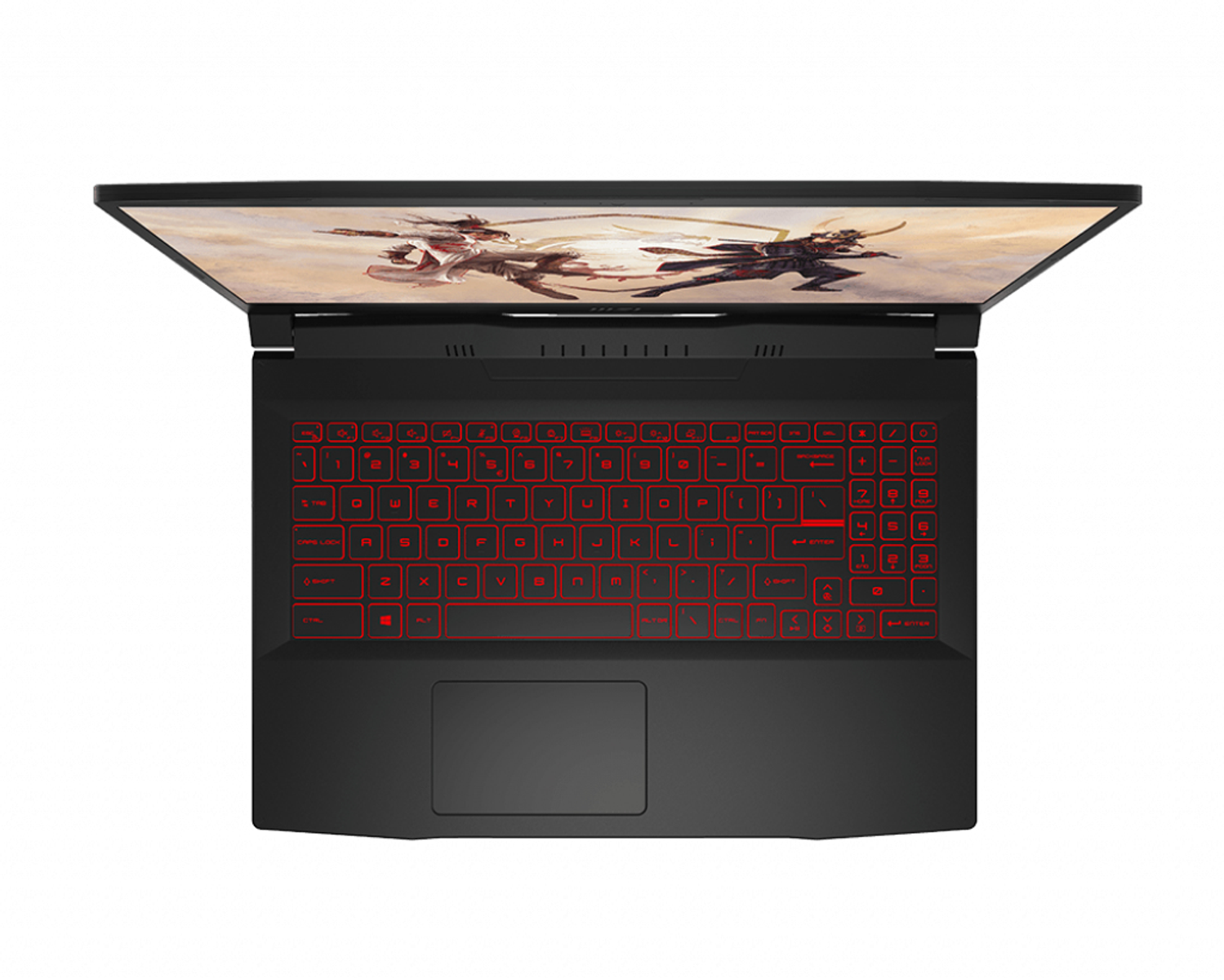 Portátil negro, vista superior con teclado retroiluminado rojo. Pantalla de juego.