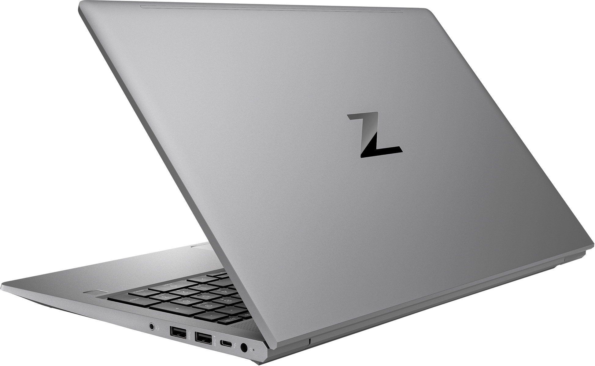 Portátil plateado, vista trasera. Logo Z en la tapa, teclado negro, en ángulo.