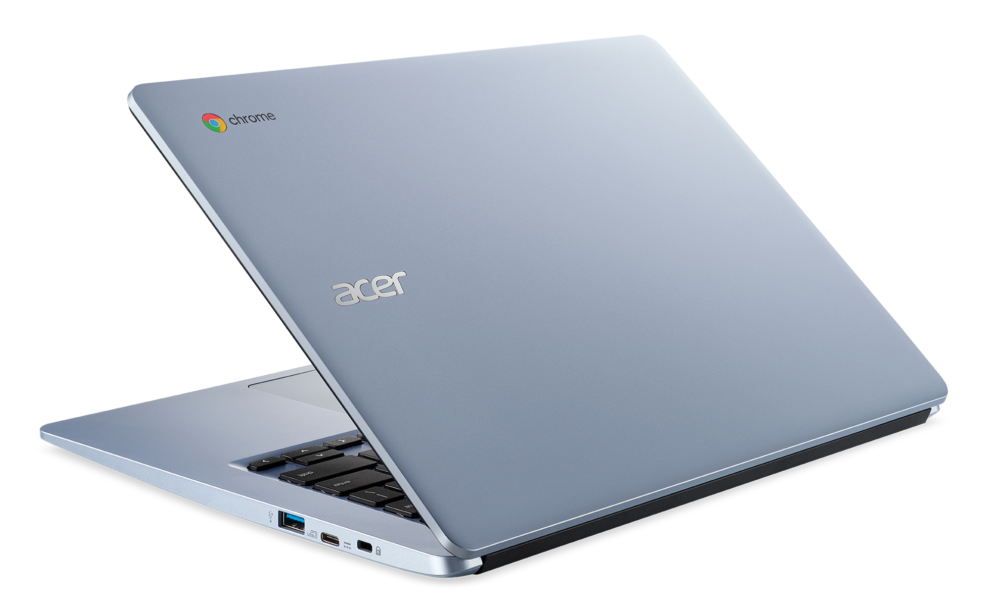 Silberner Acer-Laptop mit Chrome-Logo. Der Laptop ist leicht geöffnet, zum Betrachter geneigt.
