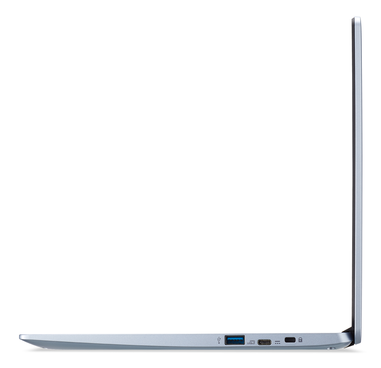 Seitenprofilansicht eines silbernen Laptops mit Anschlüssen und einem USB-Anschluss.