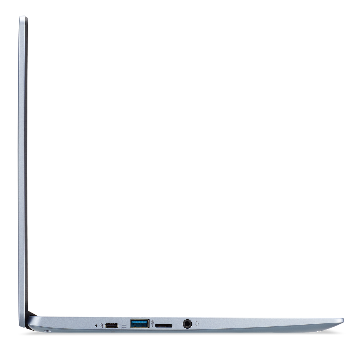Eine Seitenansicht eines schlanken silbernen Laptops. Die seitlichen Anschlüsse werden gezeigt.