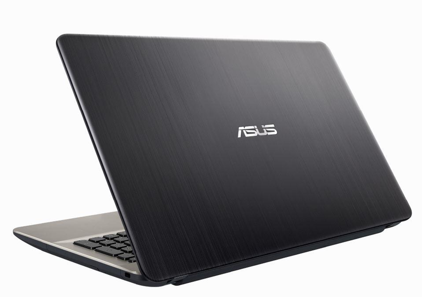Portátil negro, vista trasera. Aspecto de metal cepillado con el logotipo ASUS.