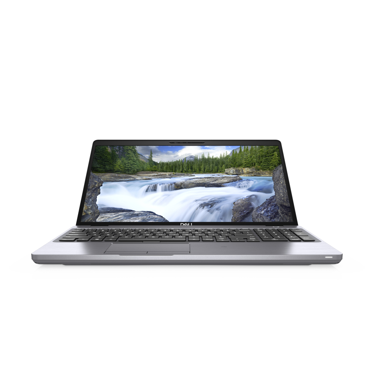 Portátil Dell abierto sobre un fondo blanco. La pantalla muestra una cascada y un bosque. El teclado es visible.