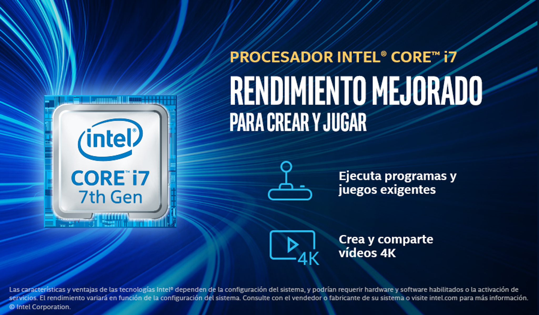 Imagen con procesador Intel Core i7. Texto destaca rendimiento mejorado para crear y jugar.