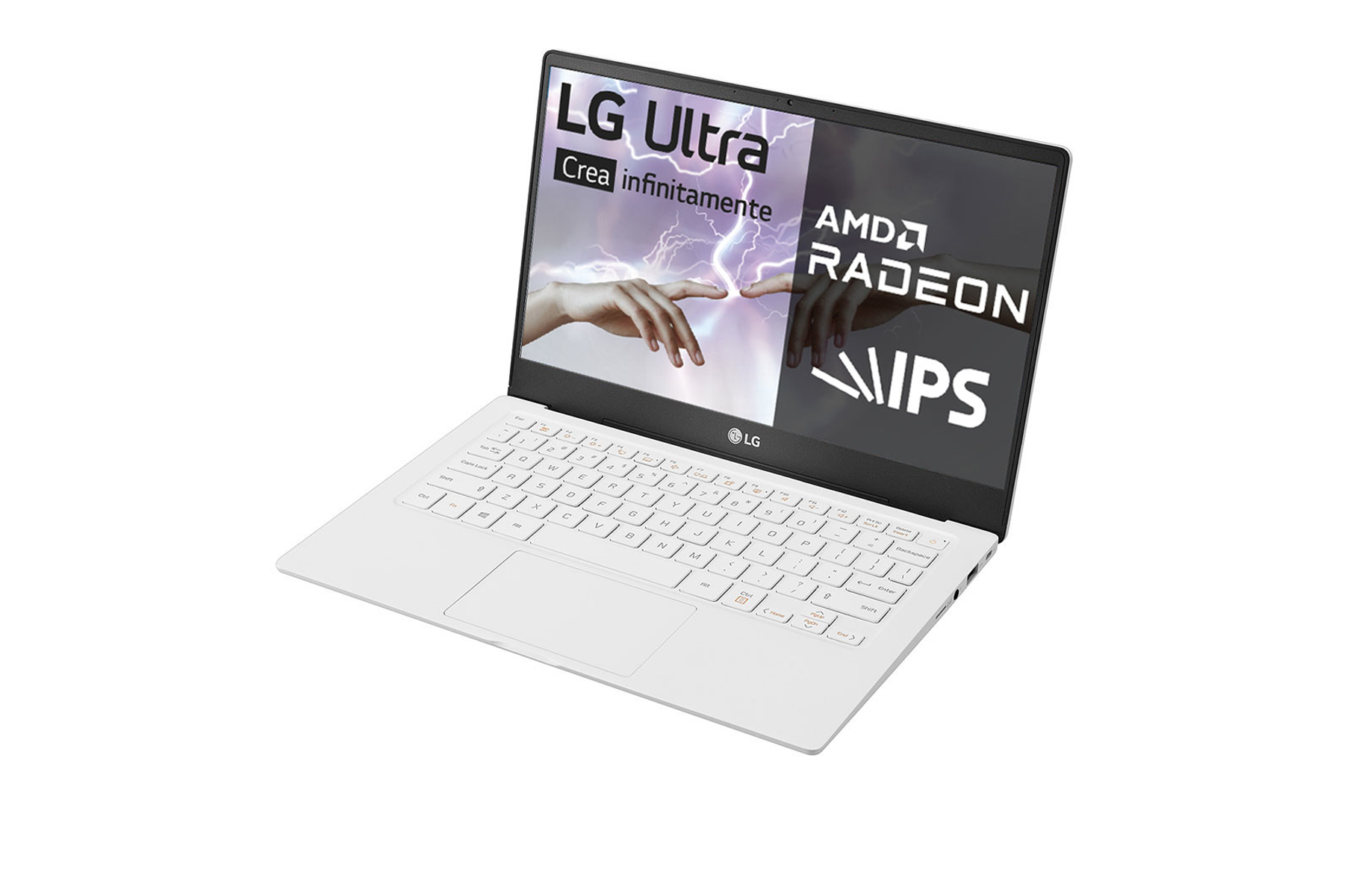 Portátil blanco con pantalla que muestra texto y gráficos. El teclado y la pantalla son completamente visibles.