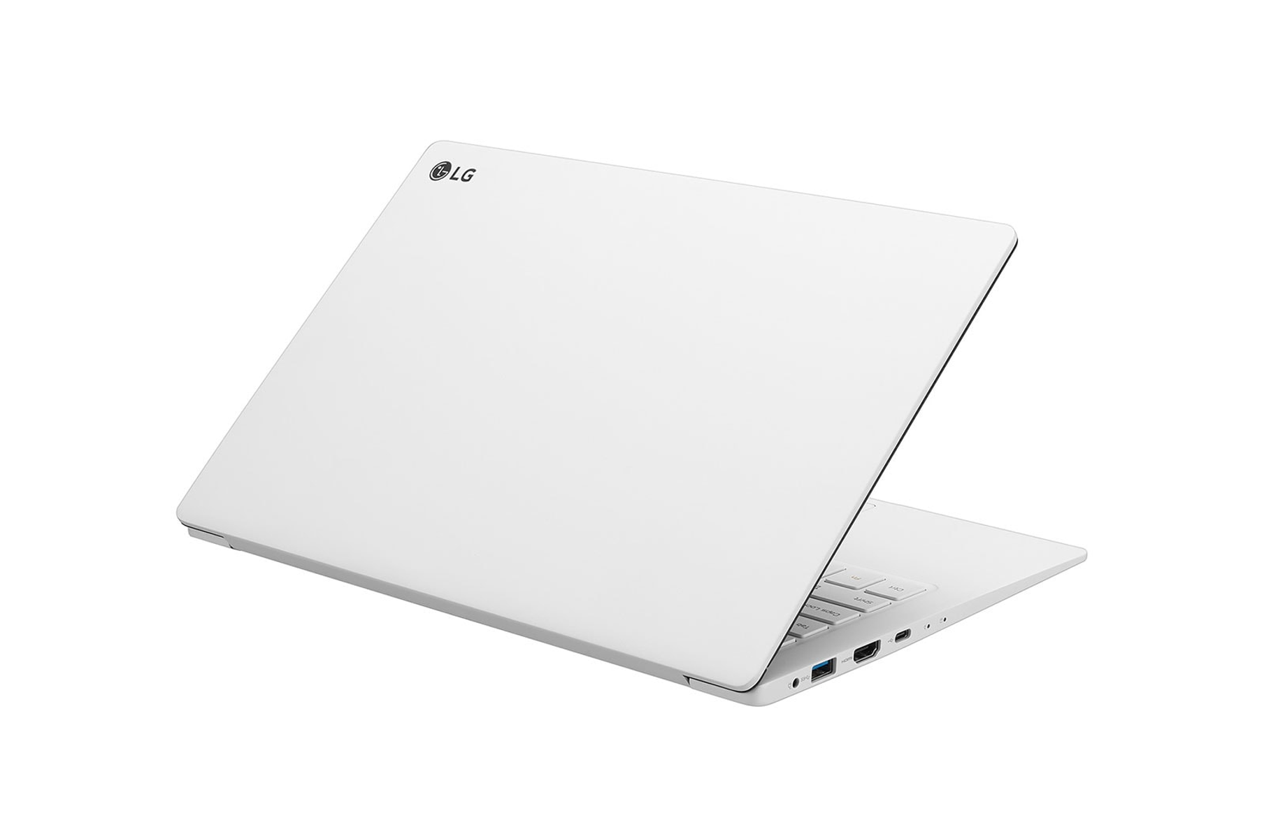 Un portátil blanco con el logo de LG visible, visto desde un ángulo.