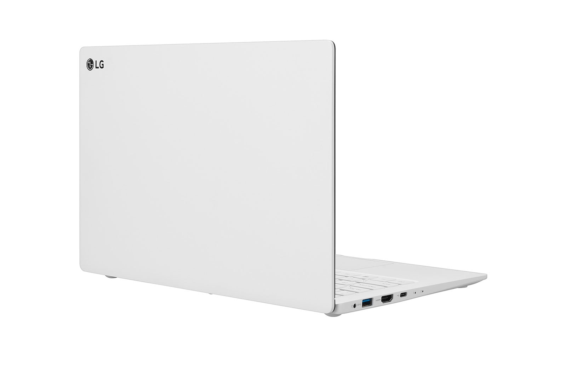 Portátil blanco, abierto. Logotipo de LG en la parte trasera. Pantalla blanca.