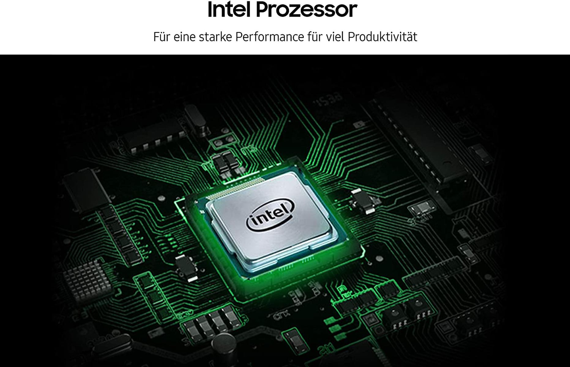 Nahaufnahme eines Computerprozessors mit Intel-Logo, grüner Leiterplattenhintergrund.