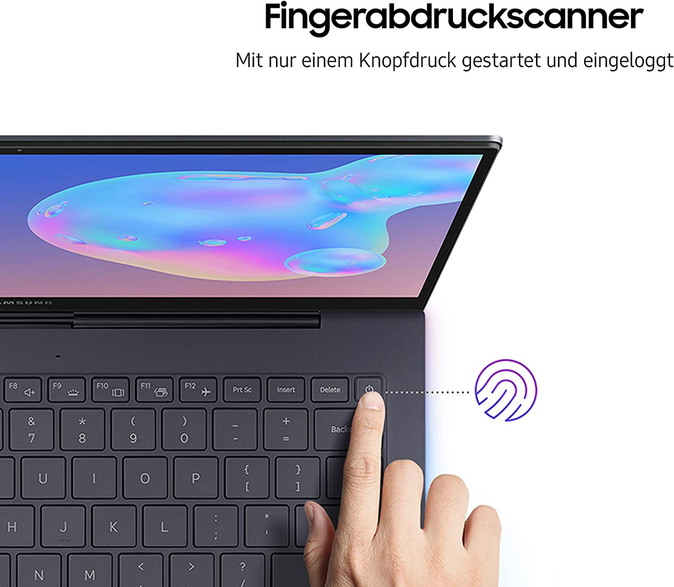 Eine Hand berührt einen Fingerabdruckscanner auf einer Laptop-Tastatur, mit Text.