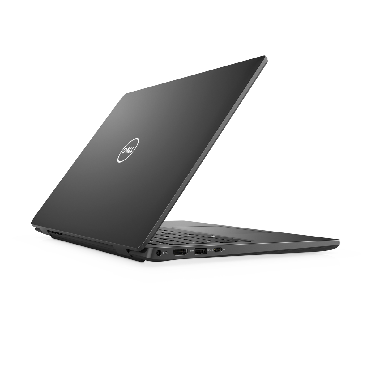 Schwarzer Laptop in einem Winkel, offen. Dell-Logo auf dem Deckel. Weißer Hintergrund.
