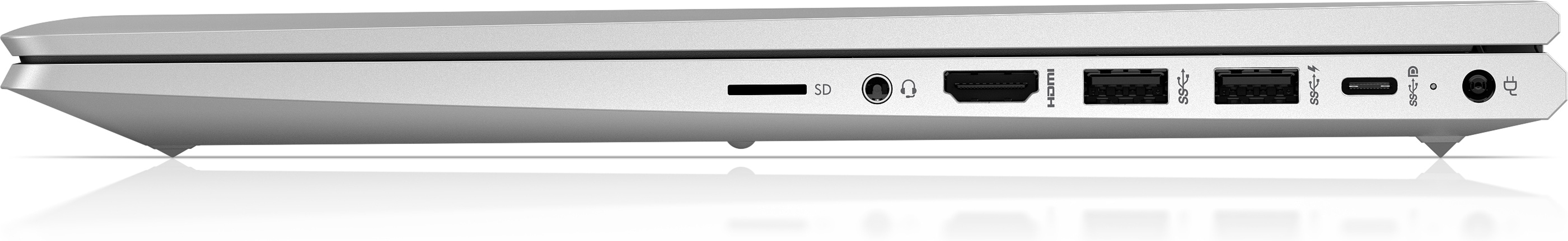 Borde inferior del portátil con puertos: tarjeta SD, auriculares, HDMI, USB y USB-C.