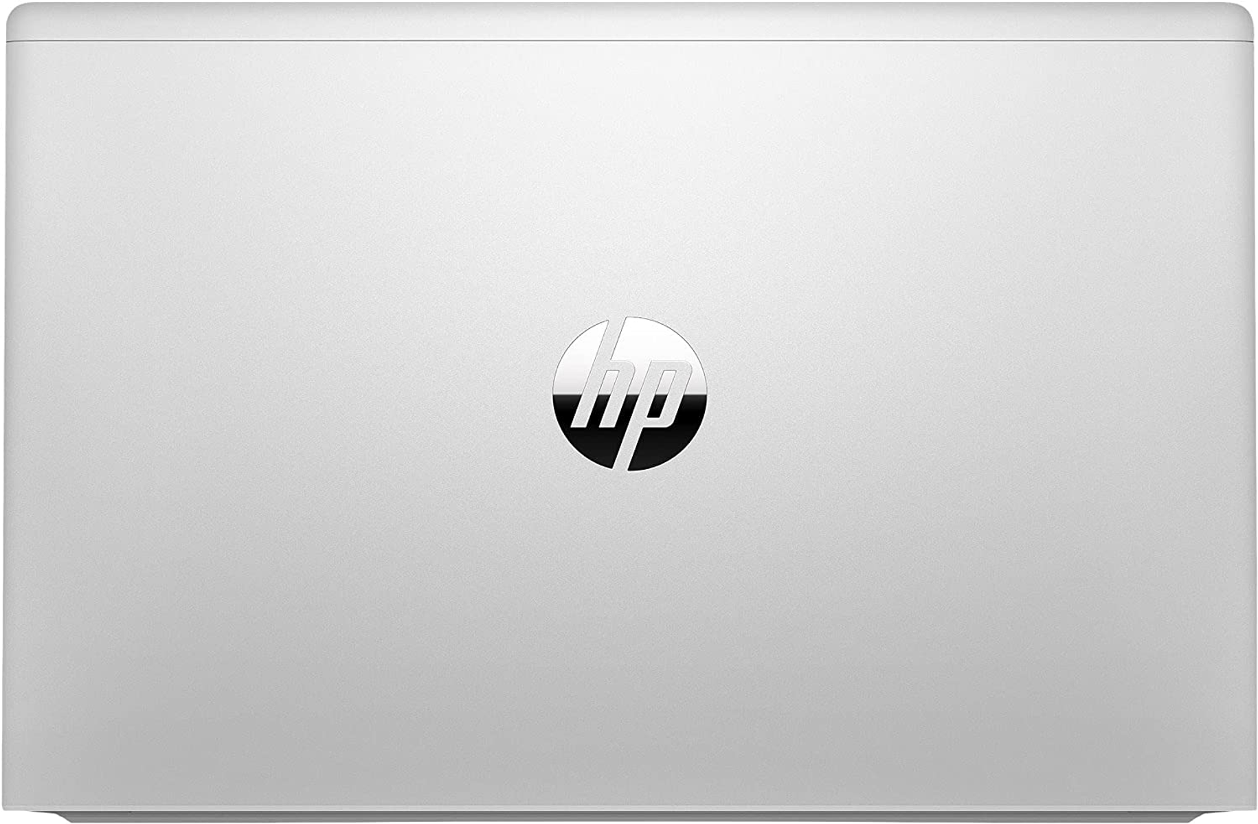 La parte superior cerrada de un portátil HP gris. El logotipo de HP está centrado. La superficie tiene una textura de metal cepillado.