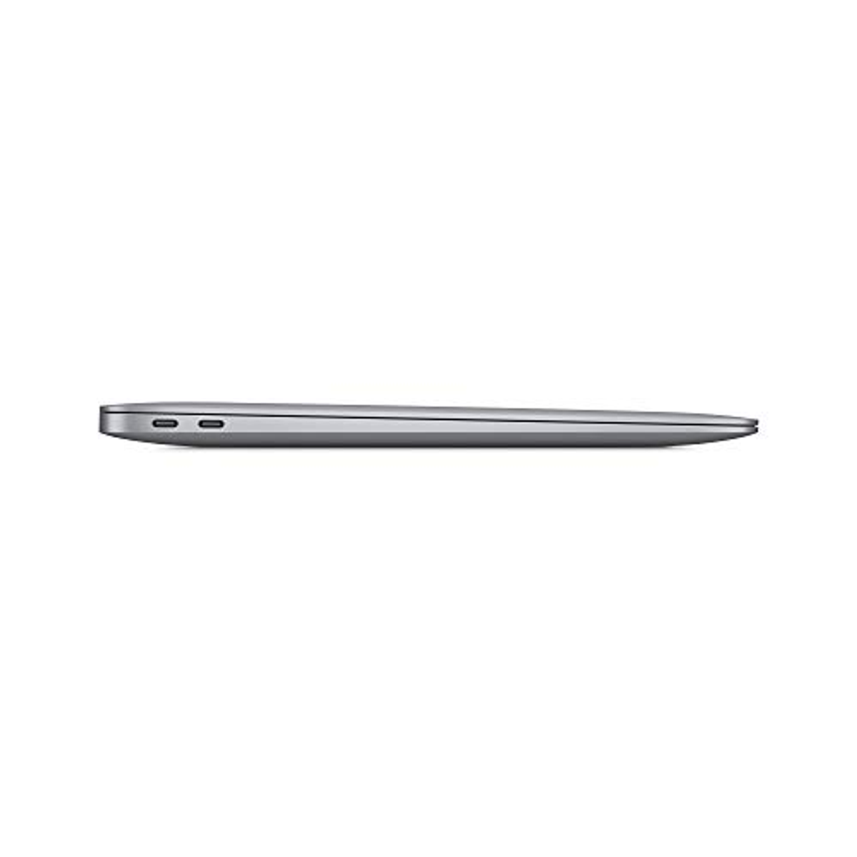 Vista lateral de un MacBook plateado cerrado, mostrando su perfil delgado.