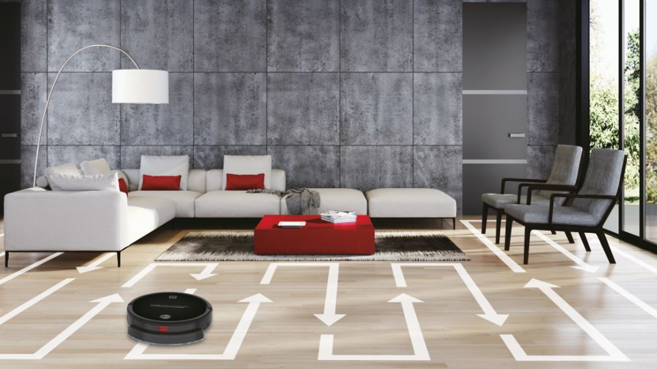 Robot sprzątający na drewnianej podłodze. Strzałki na podłodze, pokazujące ścieżkę sprzątania. Nowoczesny pokój.