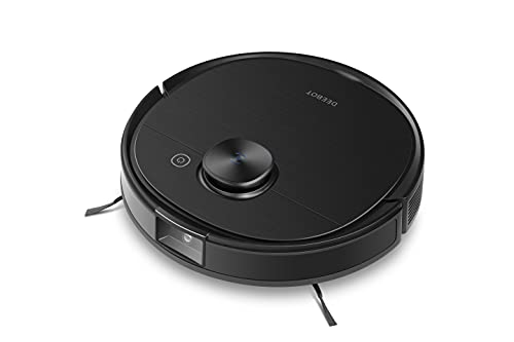 Schwarzer Roboter-Staubsauger. Er befindet sich auf weißem Hintergrund.