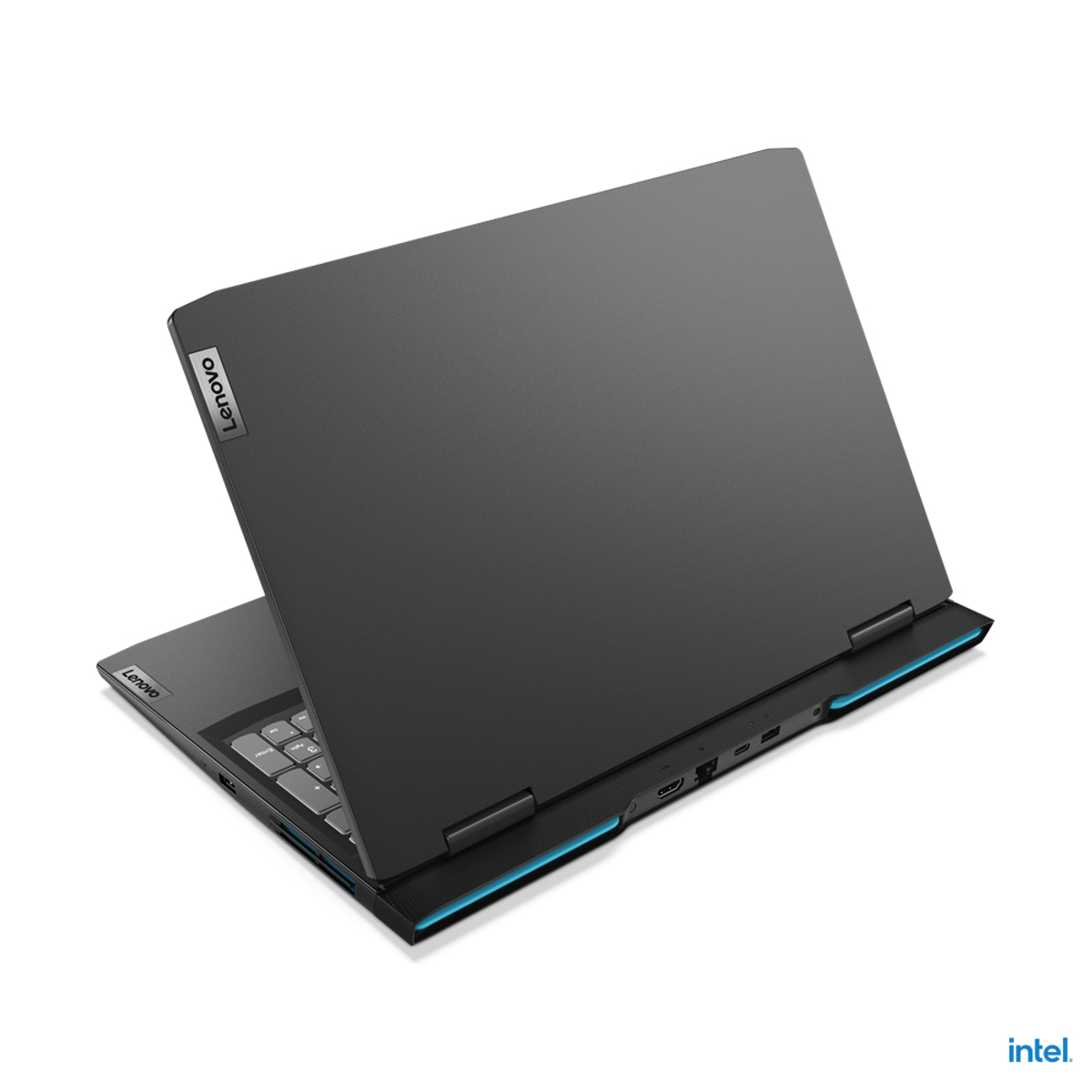 Schwarz-grauer Laptop, Marke Lenovo. Die Rückseite des Laptops ist geöffnet und zeigt die Tastatur.