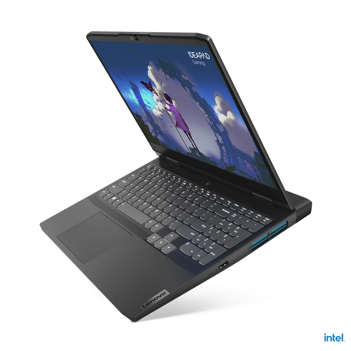 Schwarzer Laptop, geöffnet. Der Bildschirm zeigt eine Spielszene. Die Tastatur ist sichtbar. Der Laptop ist abgewinkelt.