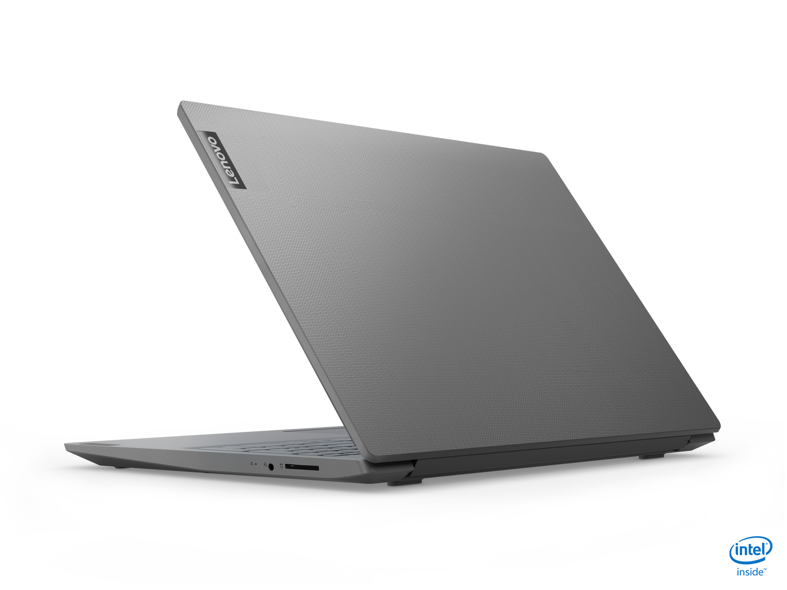 Laptop Lenovo grigio con coperchio parzialmente aperto. Logo Intel inside presente.