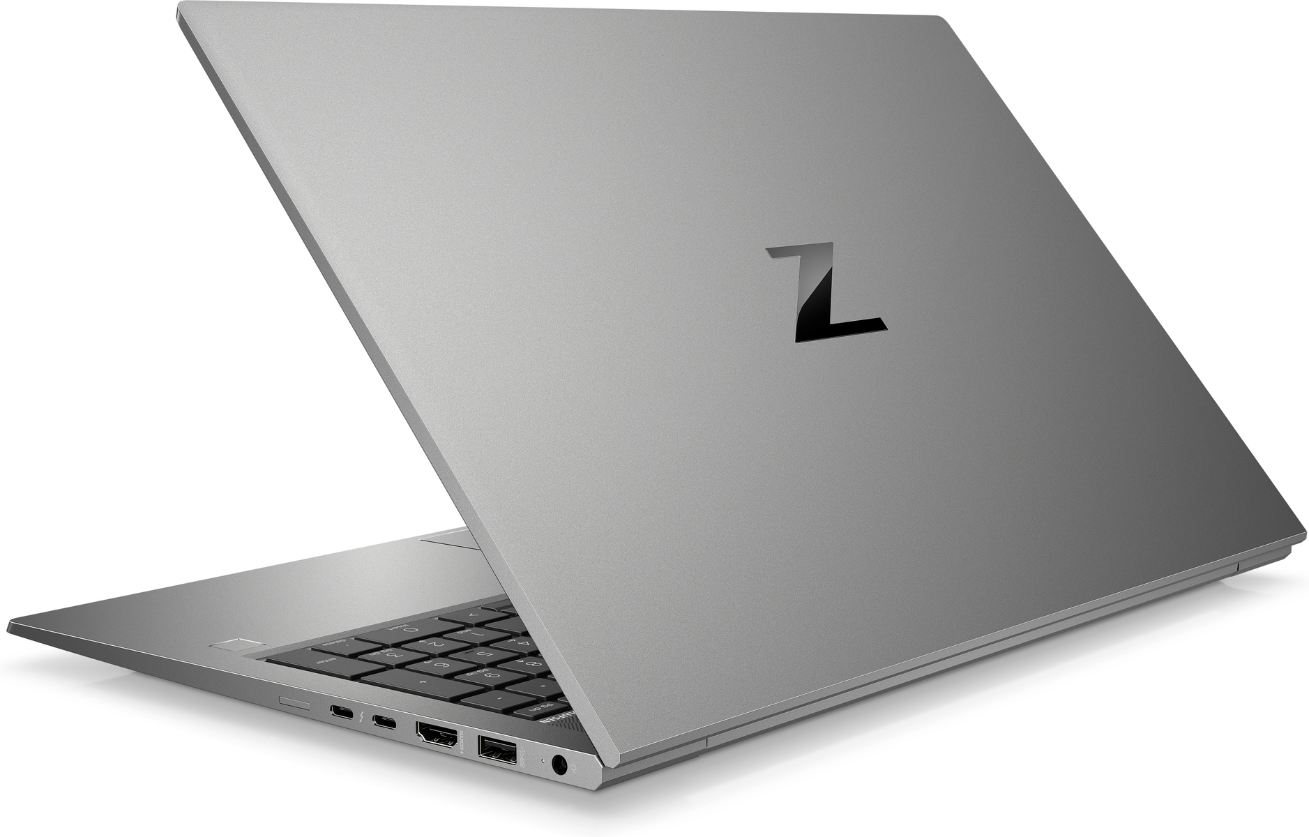 Vista trasera de un portátil plateado con un logotipo estilizado de la 'Z'. El portátil está abierto y el teclado es visible.