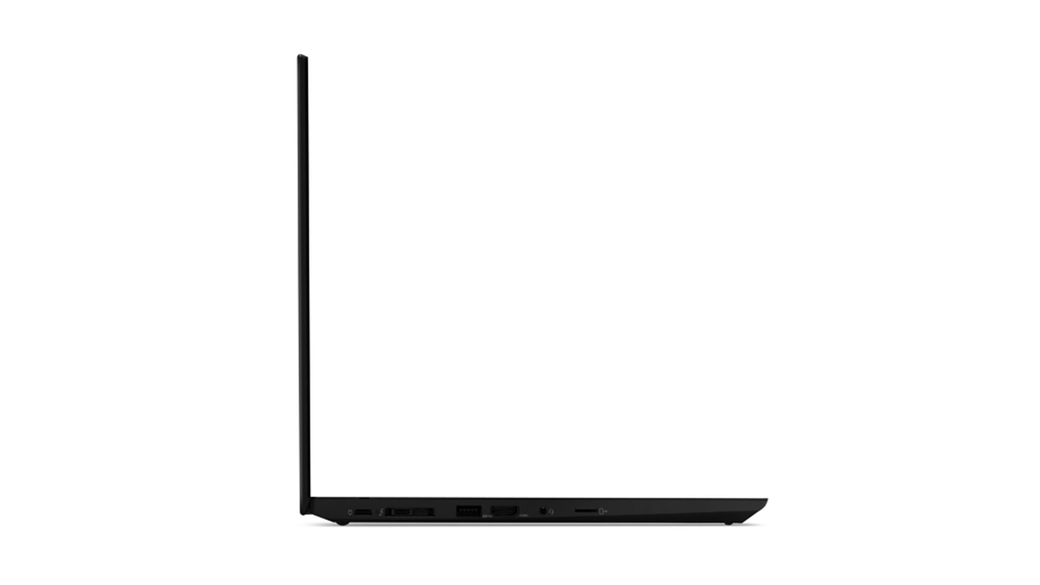 Schwarzer Laptop, Seitenansicht, Anschlüsse sichtbar. Anschlüsse: USB, HDMI, Audioanschluss.