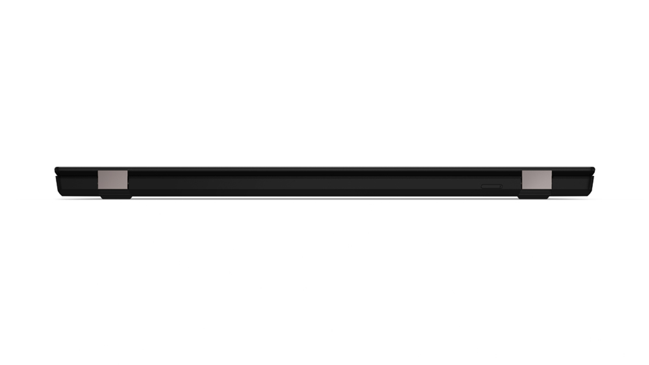 Schwarzer Laptop, Seitenansicht, geschlossen.