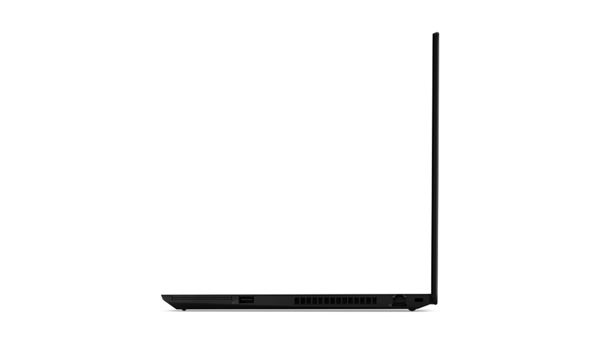 Seitenansicht eines schwarzen Laptops auf weißem Hintergrund.