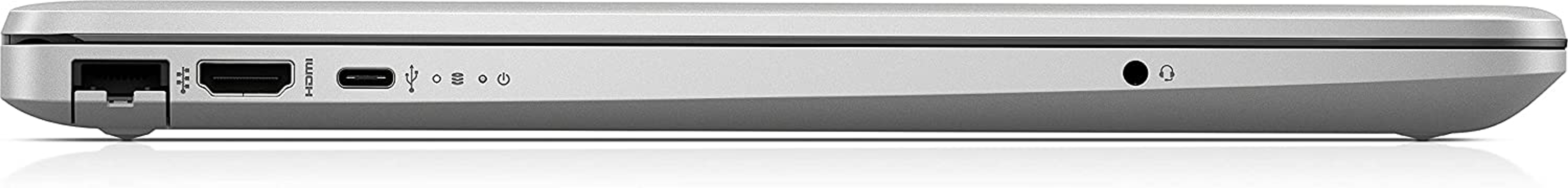 La vista laterale di un laptop argentato che mostra le porte, su sfondo bianco.