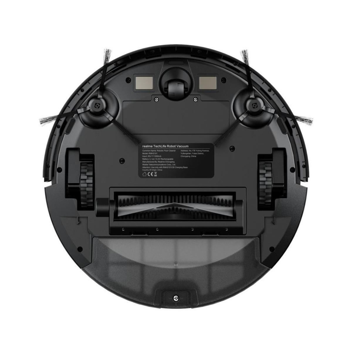 Widok od spodu czarnego robota odkurzacza Realme TechLife, z widocznymi detalami.