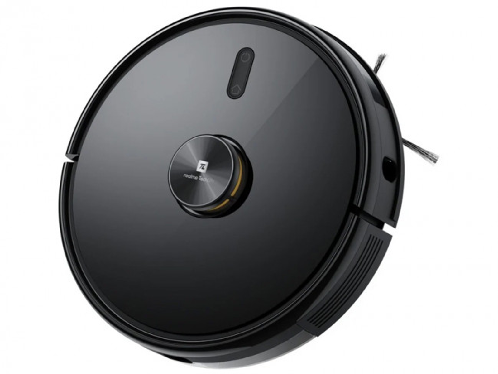 Czarny odkurzacz robot. Ma srebrny środkowy przycisk i kamerę na górze.