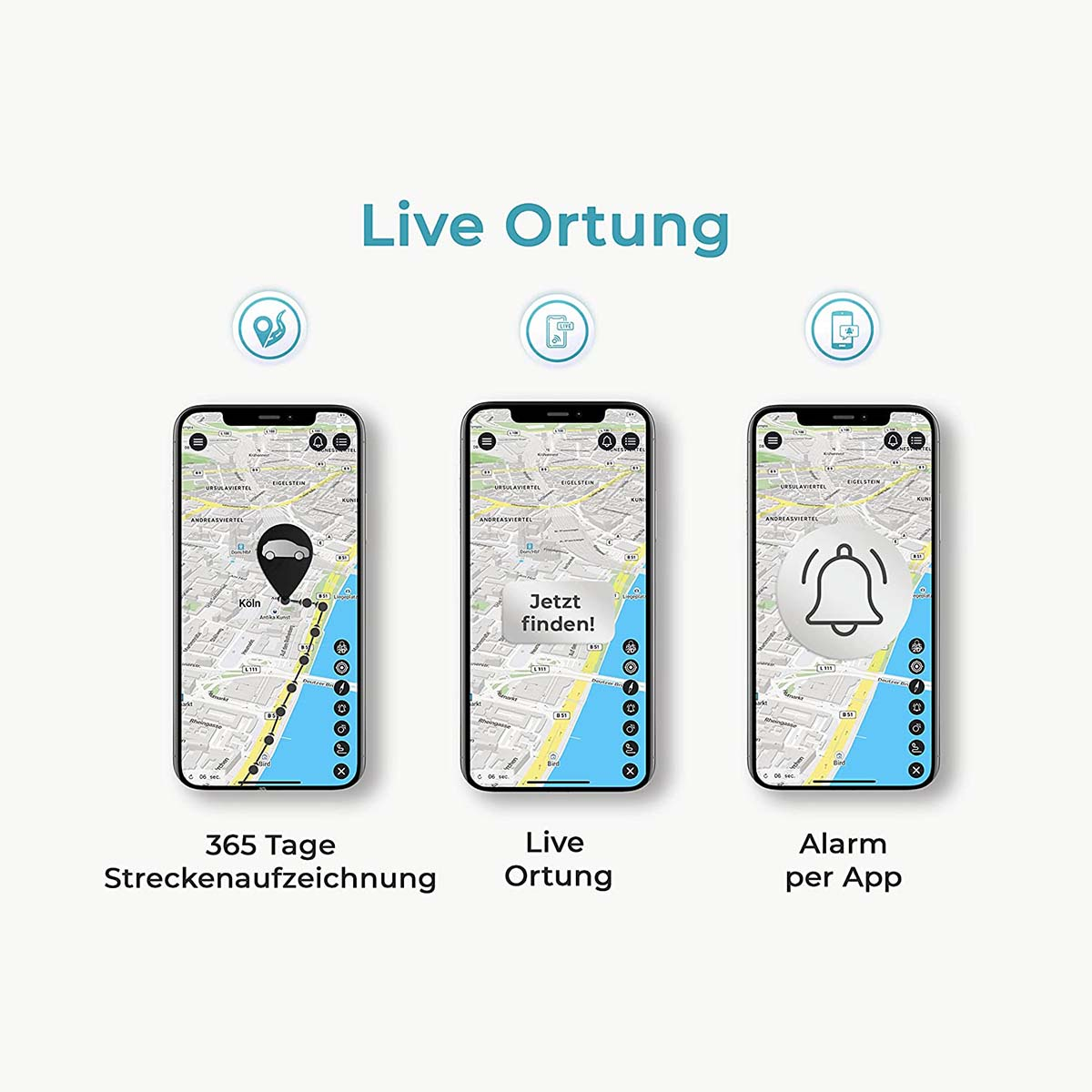 Drei Smartphones, die eine Karte mit Ortung, Live-Standort und einer Alarmfunktion anzeigen.
