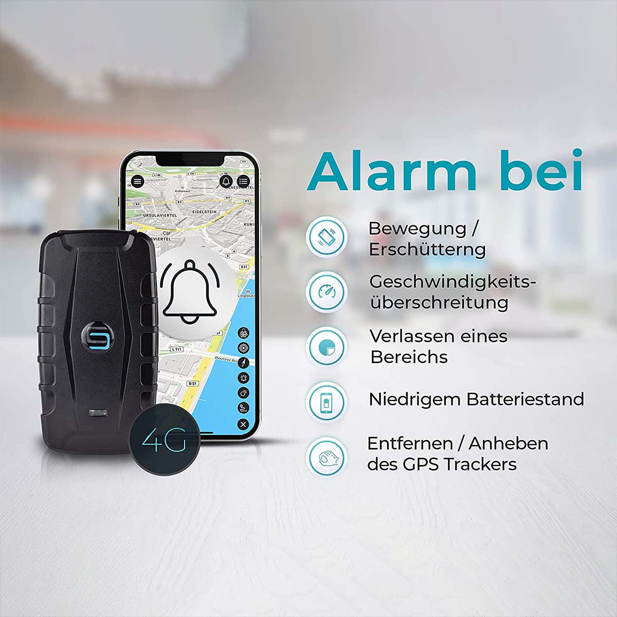 Gerät und Telefon mit Alarmdetails: Bewegung, Geschwindigkeit, Bereich verlassen, niedriger Akku, Entfernung.