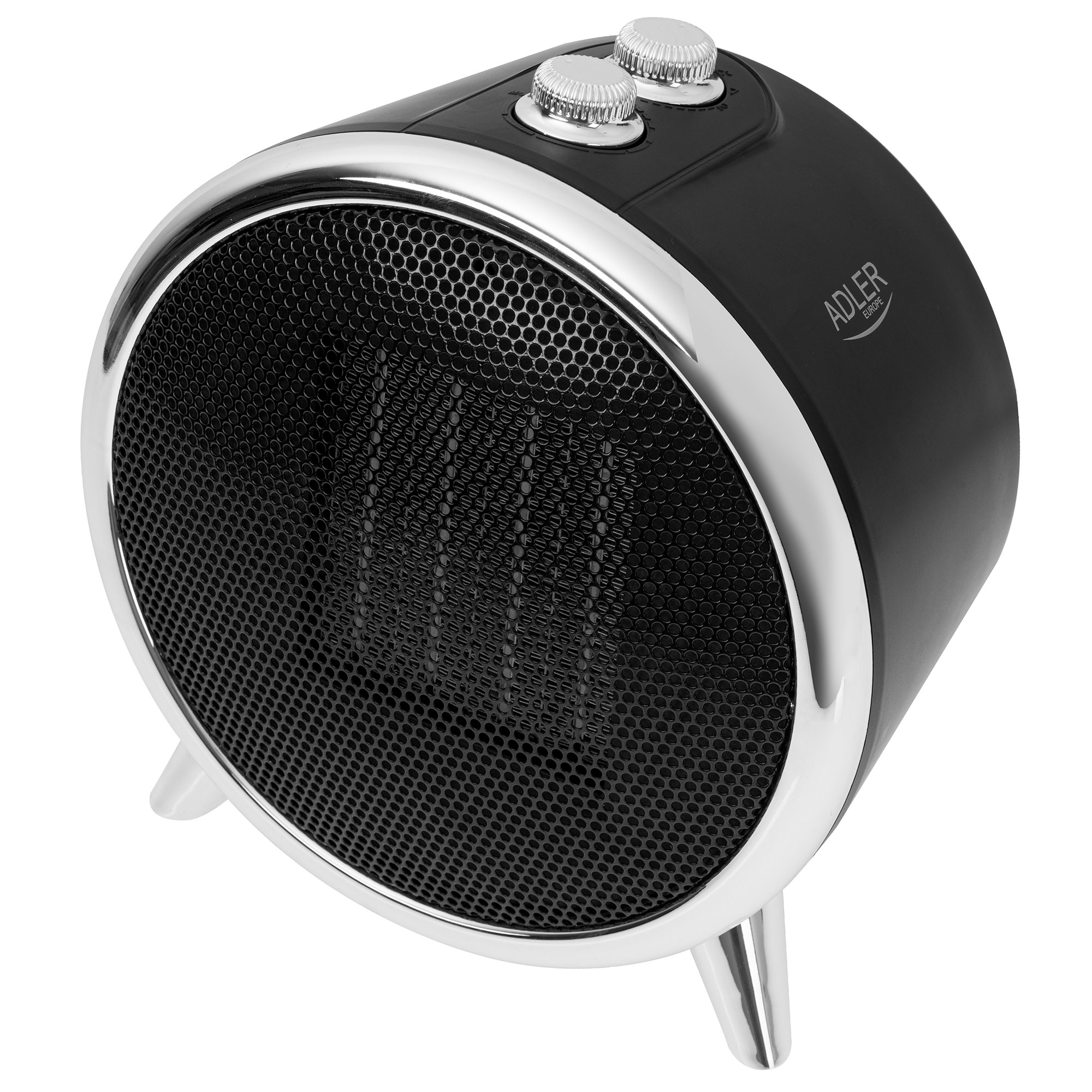 Czarny i srebrny grzejnik elektryczny. Posiada siatkowy przód, dwa pokrętła na górze i nóżki.