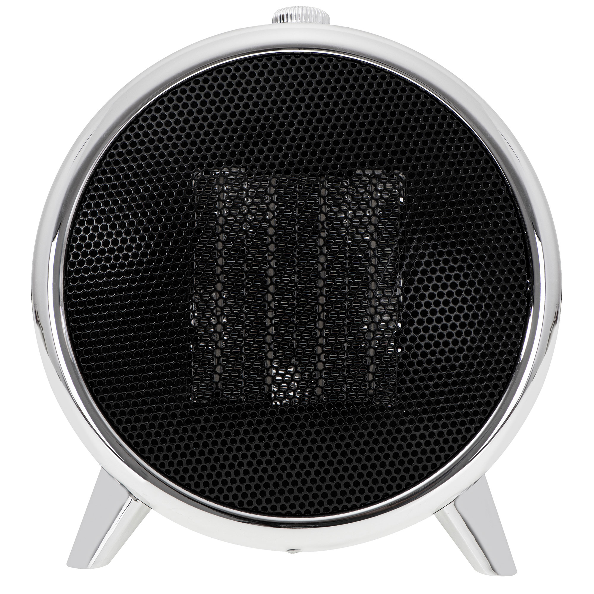 Srebrny, w stylu retro grzejnik przestrzenny z czarnym frontem z siatki i trzema srebrnymi nóżkami, na białym tle.