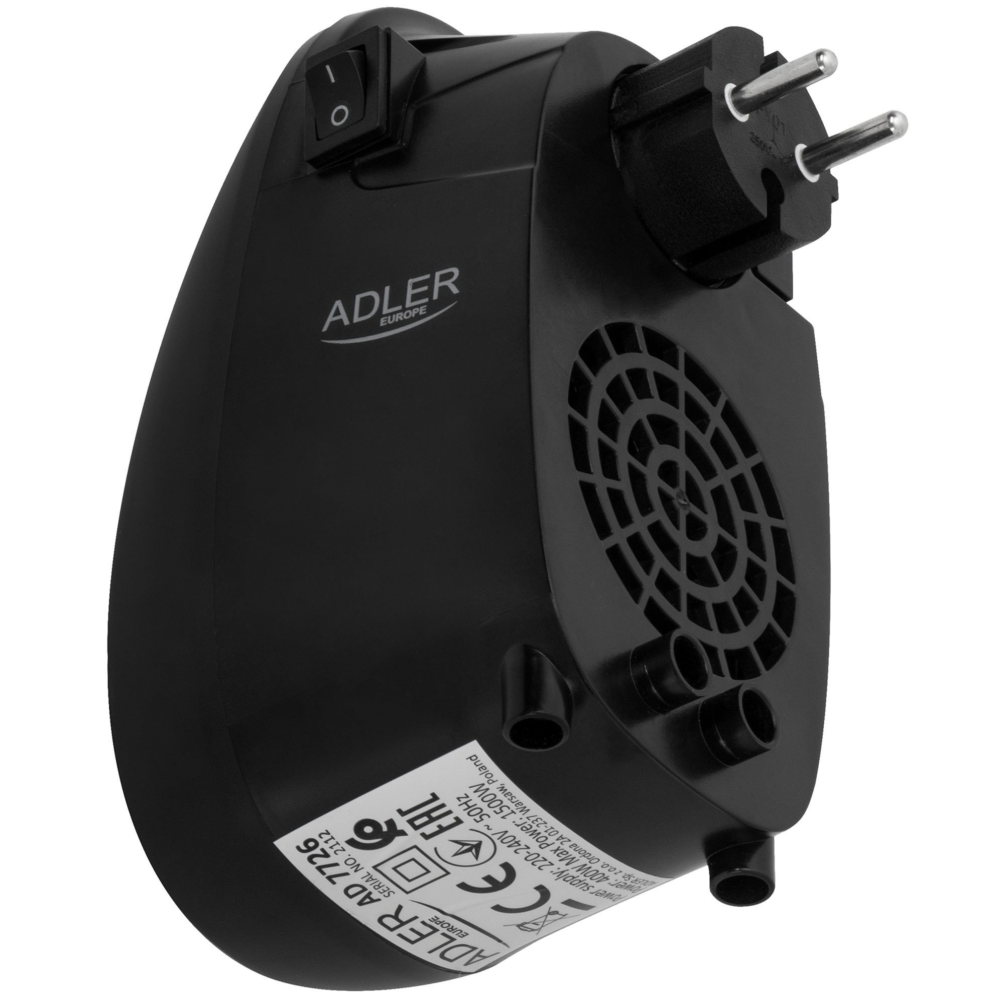 Schwarzer ADLER Europe Mini-Heizlüfter mit Stecker, Schalter und Lüfter.
