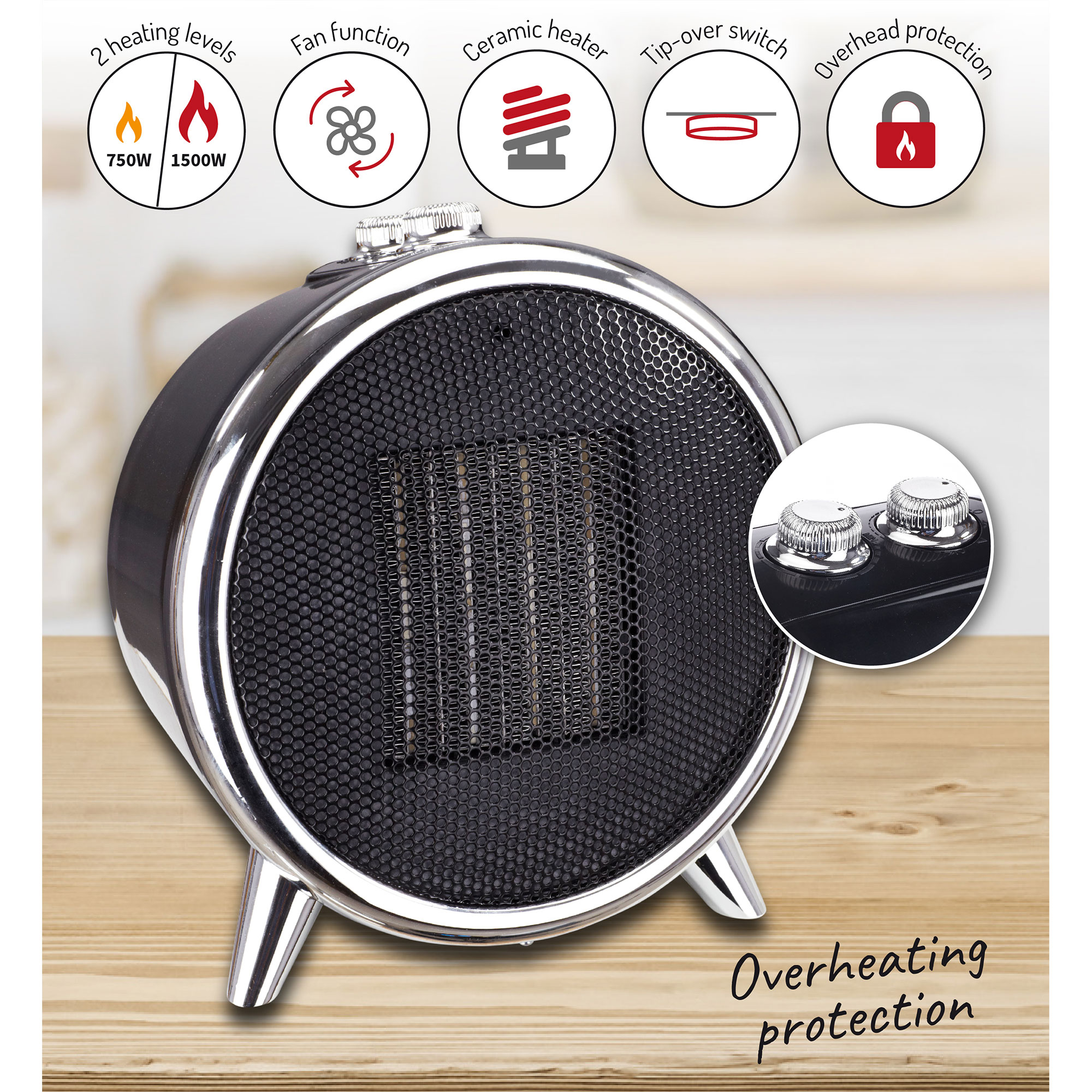 Czarny i srebrny grzejnik elektryczny na drewnianej powierzchni z pokrętłami.