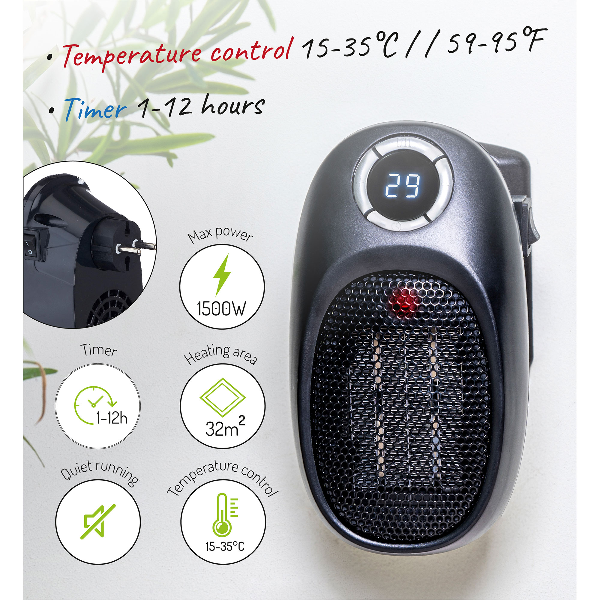 Schwarze Heizung mit Knöpfen, Symbolen und einer Digitalanzeige mit '29'. Textdetails Temperatur und Timer.