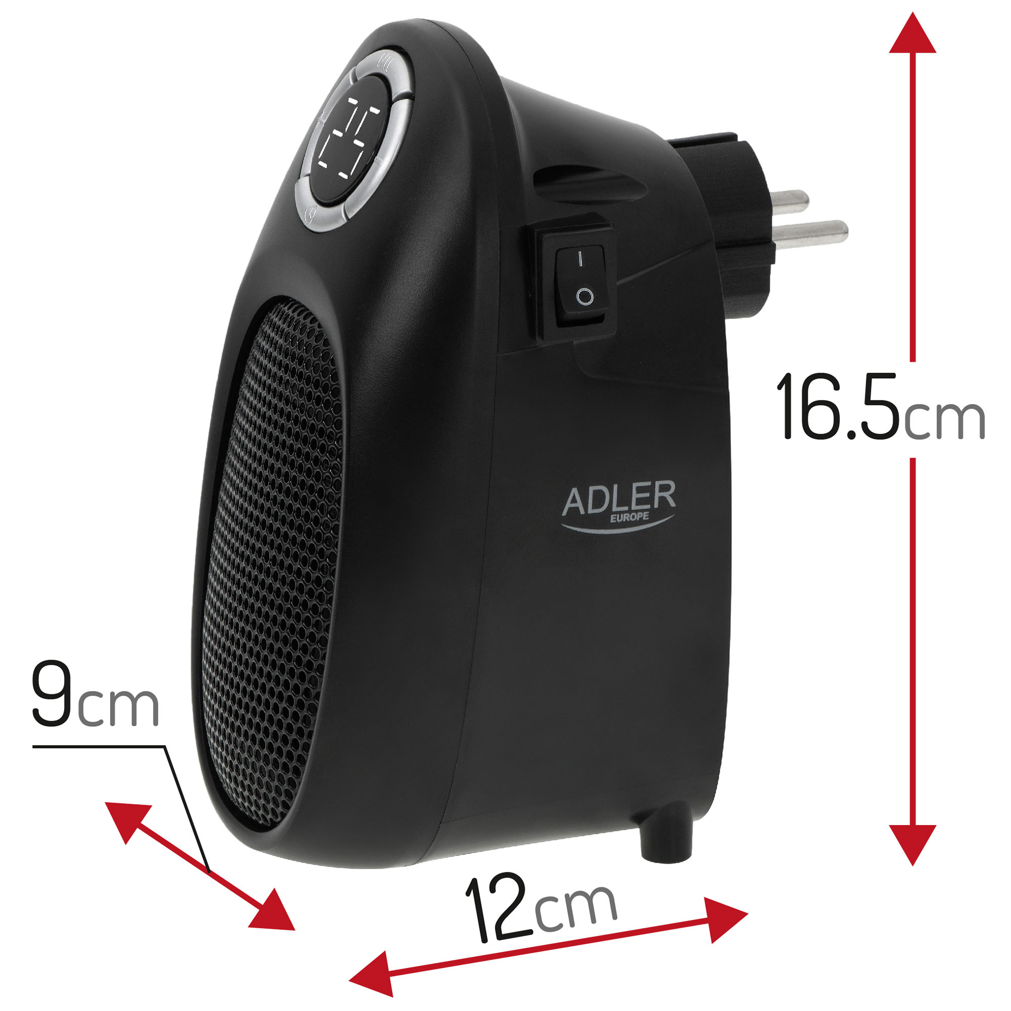 Schwarzer elektrischer Heizlüfter von ADLER Europe mit Maßen.