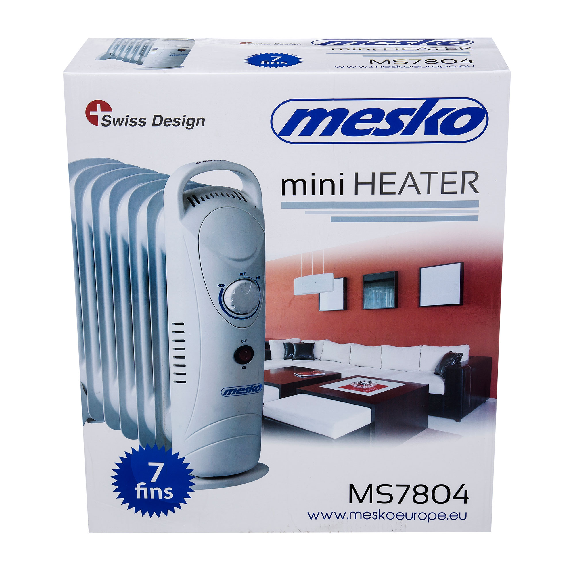Białe pudełko mini grzejnika. Na pudełku napis 'mesko' i 'mini HEATER' z 7 żebrami.