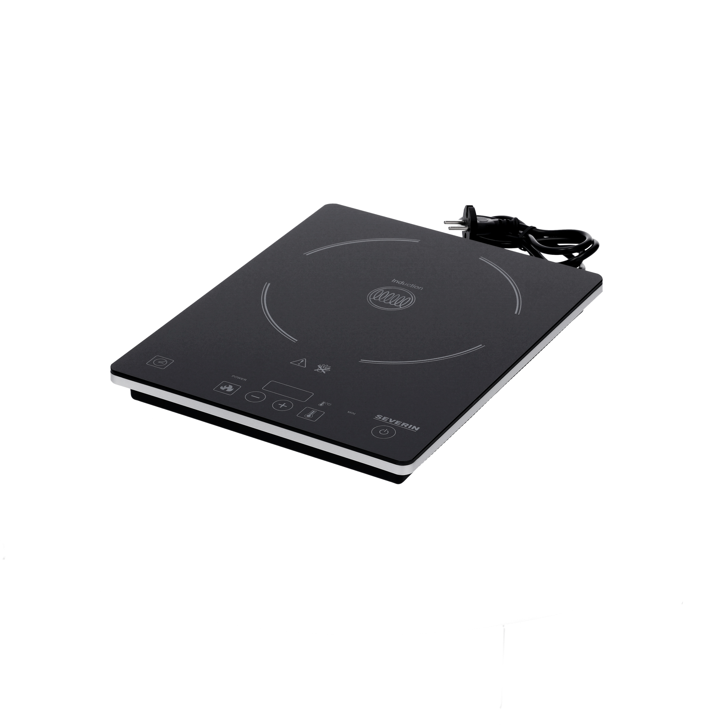 Czarna płyta indukcyjna z białym obramowaniem. Ma okrągłą strefę grzewczą i przyciski sterowania.