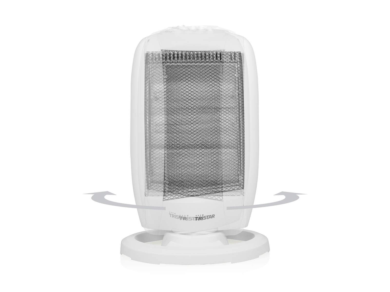 Termoventilatore elettrico bianco con frontale a rete, frecce rotazione, base bianca.