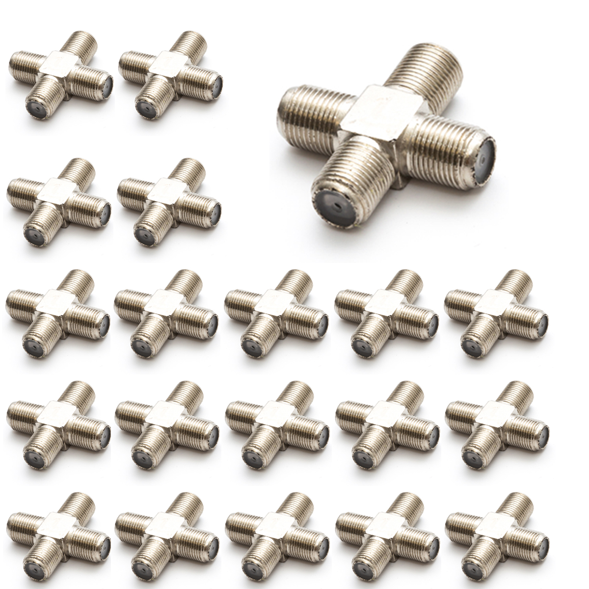 Mehrere silberne Koaxialstecker mit Kreuzform, auf weißem Hintergrund.