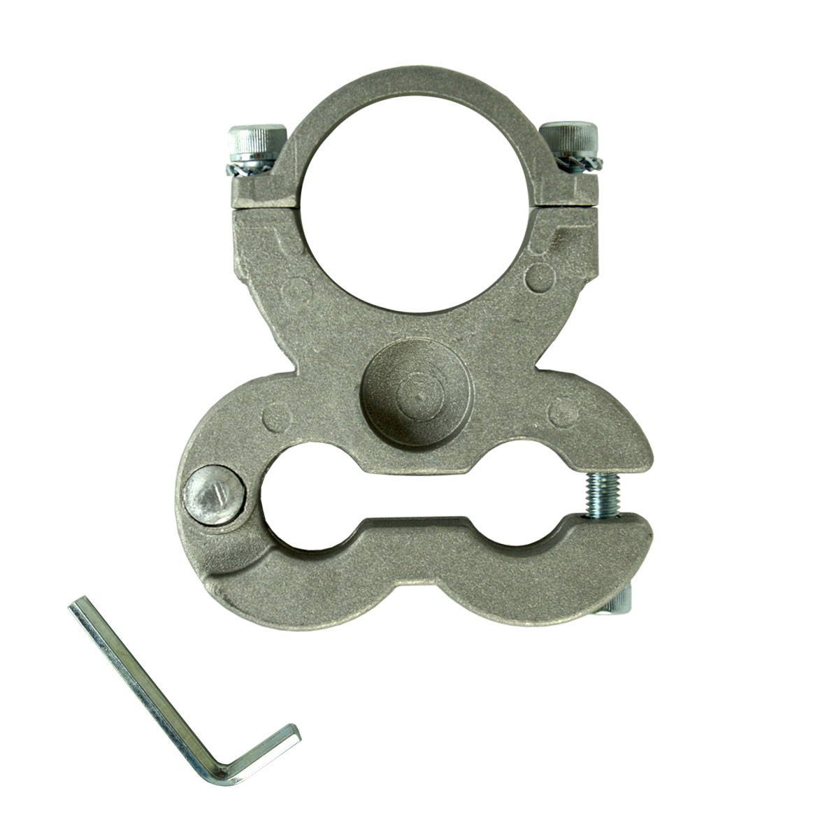 Eine silberne Metallhalterung mit Schrauben und einem Sechskantschlüssel. Es ist auf weißem Hintergrund.