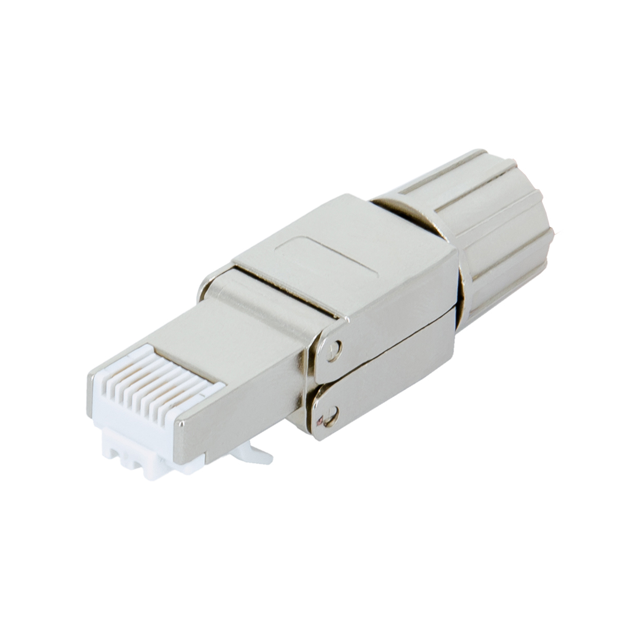 Ein silberner Stecker mit einem weißen Stecker. Es hat eine rechteckige Form und ist abgewinkelt.