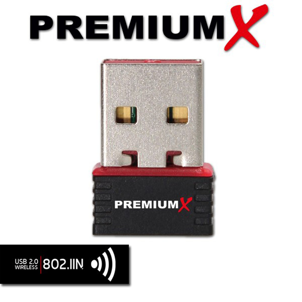 Ein USB-Wireless-Adapter mit dem Wort PREMIUM und X, schwarz und rot.