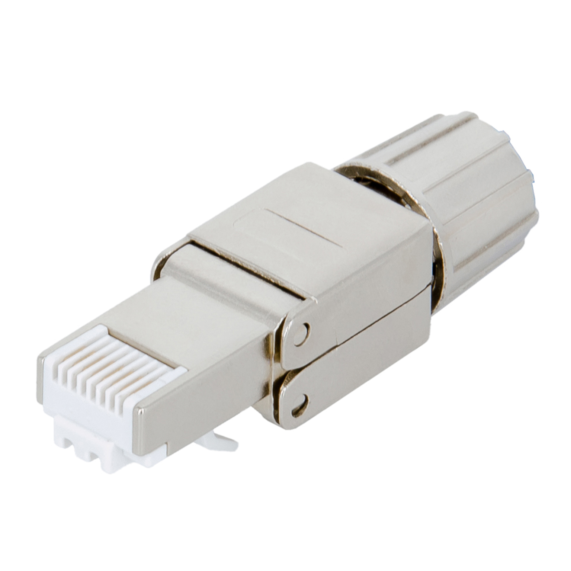 Ein silberner Ethernet-Anschluss mit weißem Kunststoff und Metallgehäuse.