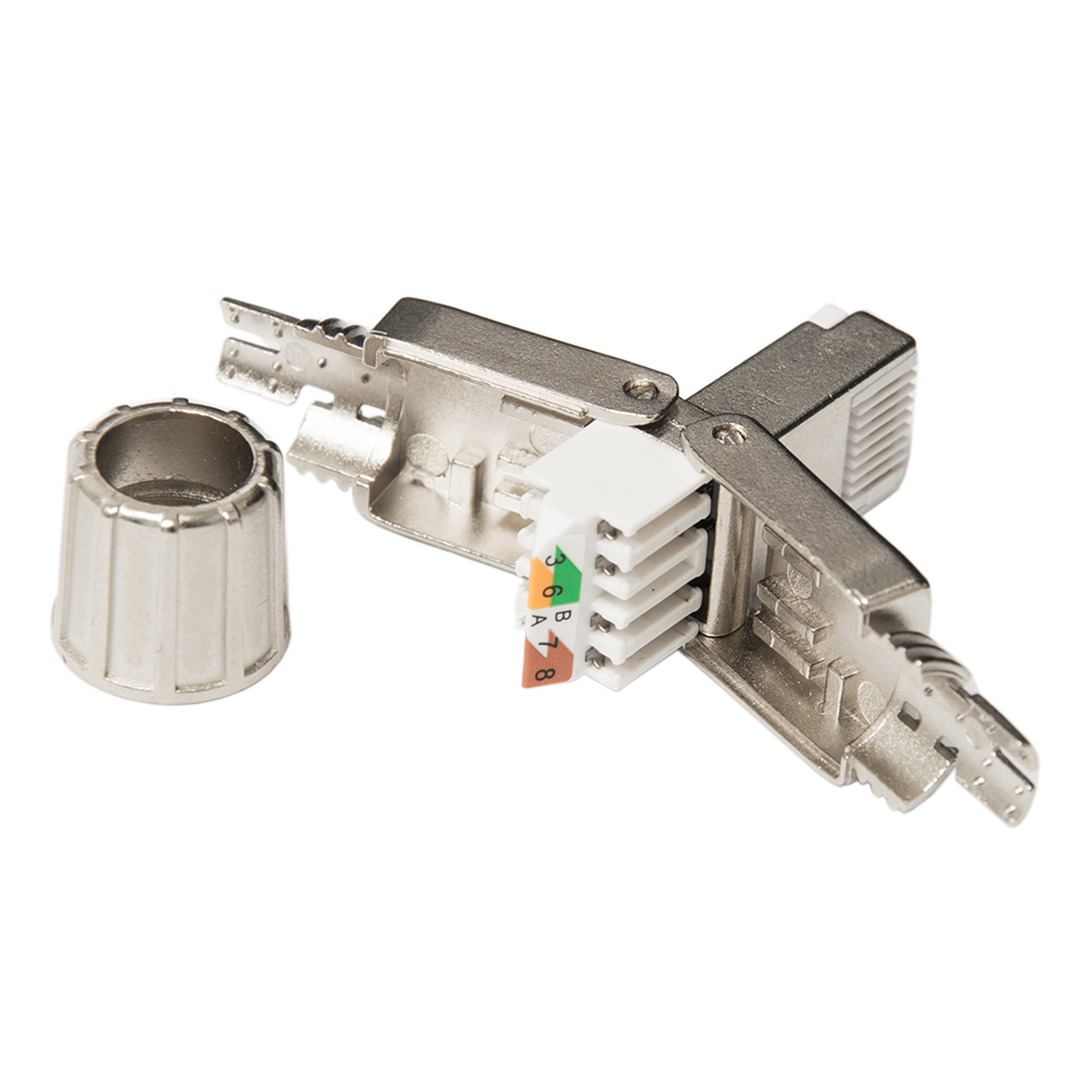 Ein zerlegter RJ45-Stecker, der die internen Drähte zeigt. Farben sind orange, grün, blau, braun und weiß.