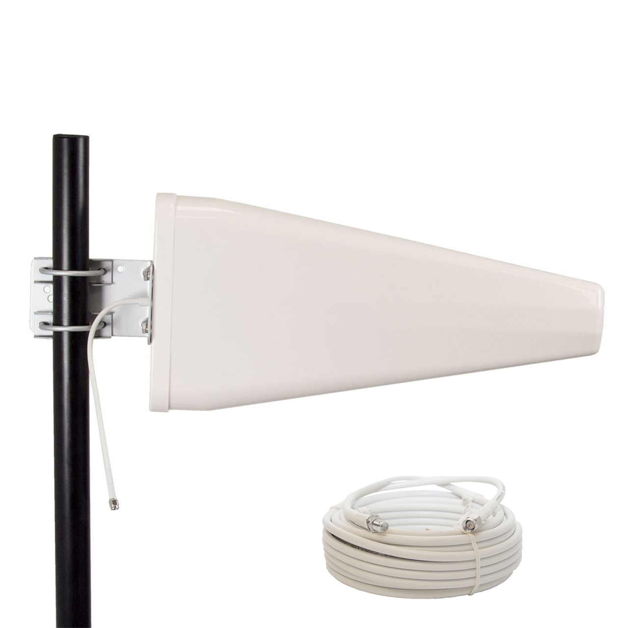 Weiße Antenne mit Kabel und schwarzem Mast auf weißem Hintergrund.