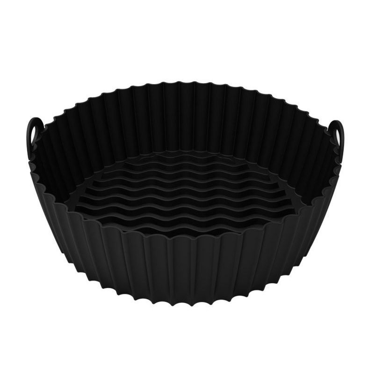 Ein schwarzer Silikon-Luftfritteusen-Einsatz mit geripptem Design und zwei Griffen.